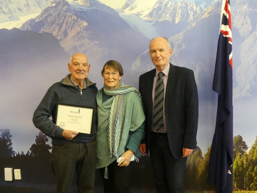 Mr and Mrs Hughes and Deputy Mayor Carruthers with award presented to Howard Hughes